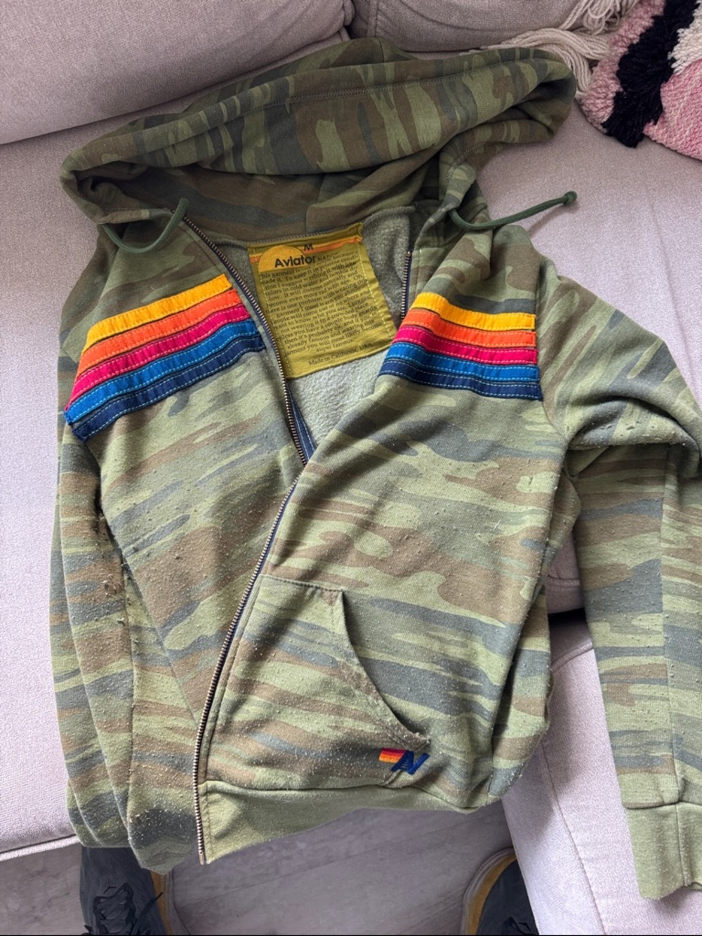 Aviator Nation Kids Olive Camo Zip Hoodie with Rainbow Chest Stripes
